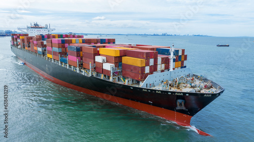 Aerial side view of cargo container ship carrying container from custom container depot go to ocean concept freight shipping by ship service on blue sky .Freight Forwarding
