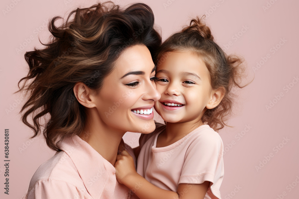 Brunette Mother and little kid daughter isolated on pastel background, Mother's Day love family parenthood childhood concept Brunette Mother and little kid daughter isolated on pastel background, Mother's Day love family parenthood childhood concept