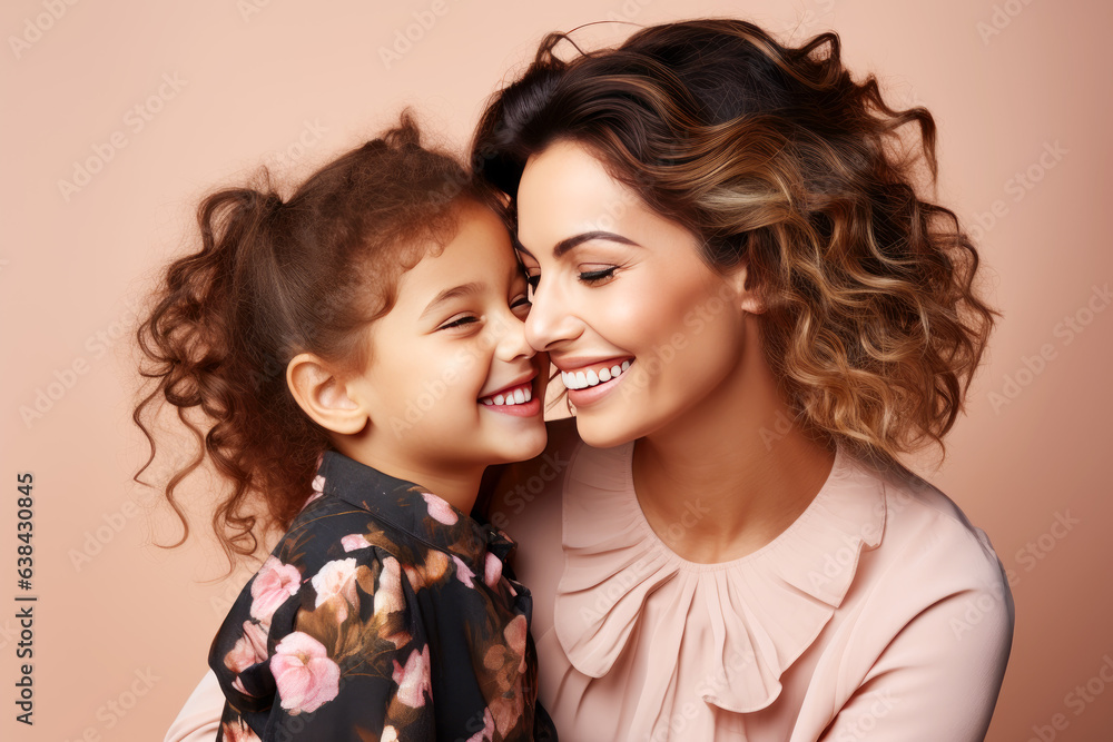 Brunette Mother and little kid daughter isolated on pastel background, Mother's Day love family parenthood childhood concept