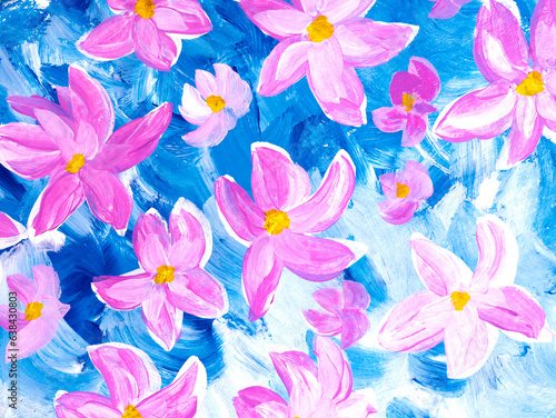 Abstract pink flowers on blue  original hand drawn  impressionism style  color texture  brush strokes of paint   art background.