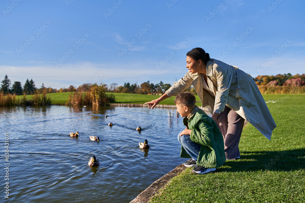 cheerful african american woman in outerwear pointing at ducks in pond near son, autumnal nature cheerful african american woman in outerwear pointing at ducks in pond near son, autumnal nature