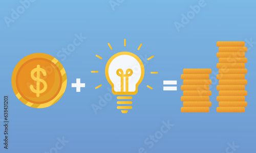 Money plus thought equals profit.on blue background.Vector Design Illustration.