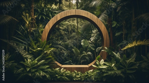 Generative AI  Empty circle wooden frame and tropical leaves on jungle background. For product display.