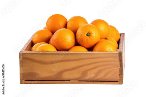 Oranges in wooden crate isolated on transparent background. Generative Ai