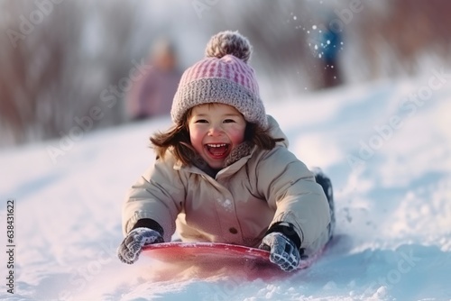 Happy girl sledding outdoors on clear winter day. Generative AI