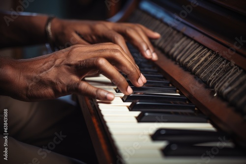 Closeup female male hands talented African-American musician musical teacher playing piano fingers touching piano tiles notes music performance home school concert instrument classics song sound hobby