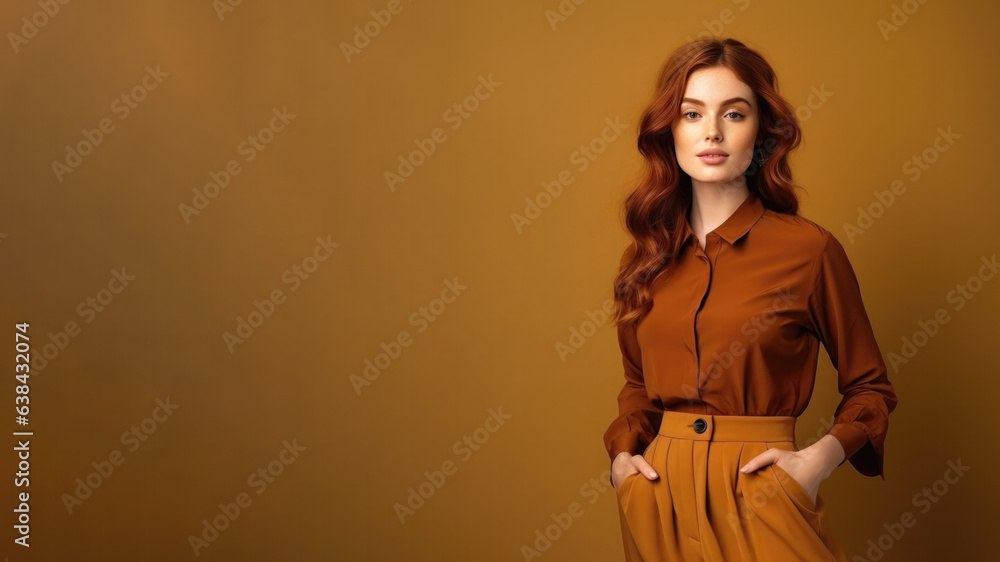 A young redhead woman in brown clothes stands against a solid brown background. Studio. Isolated brown background. Generative AI.