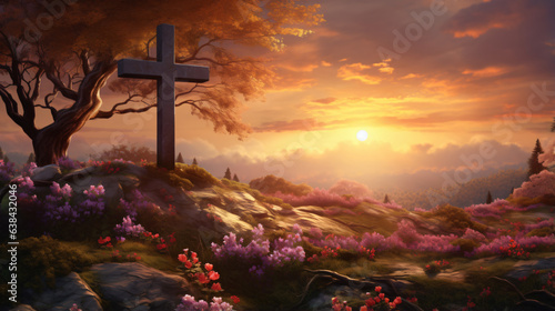 Spring blossoms forest sunset and Christian cross