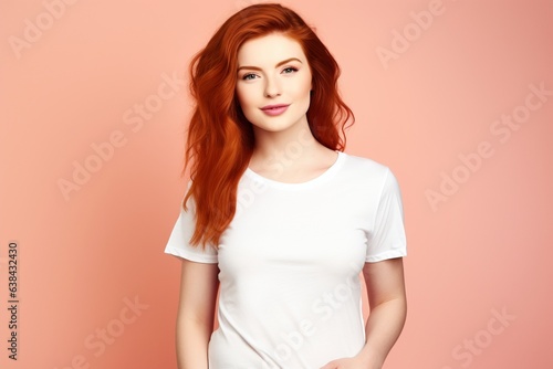 red head wearing white tshirt on plain background for mock up or presentation © Martin
