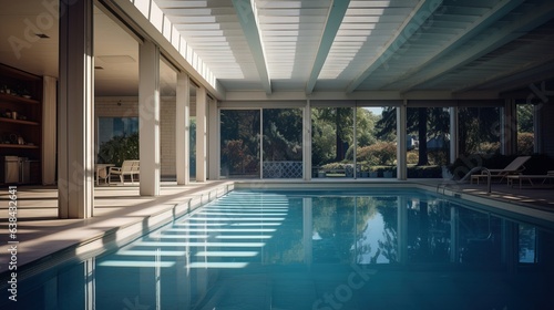Modern interior with large swimming pool.