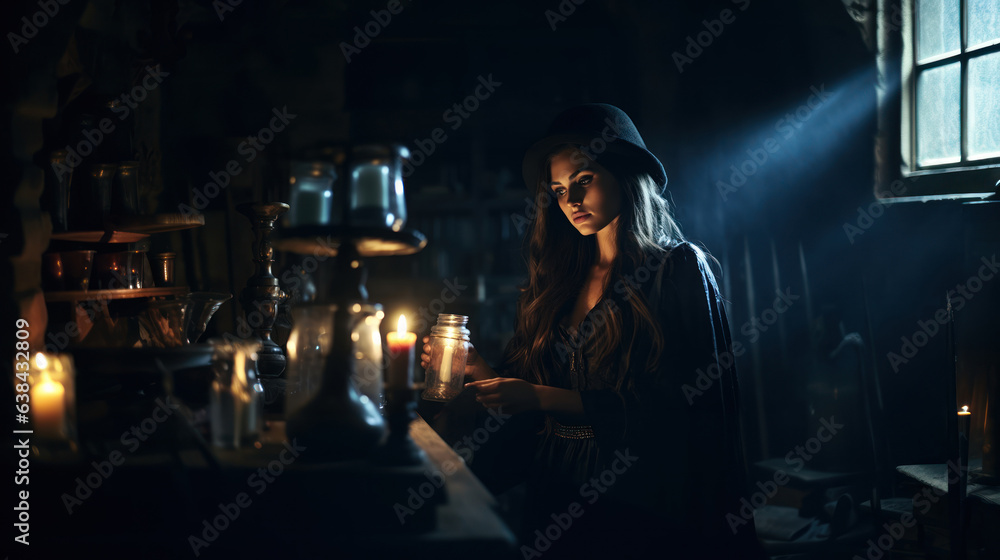 Beautiful witch making the witchcraft in a dark and scary dungeon. Halloween image.