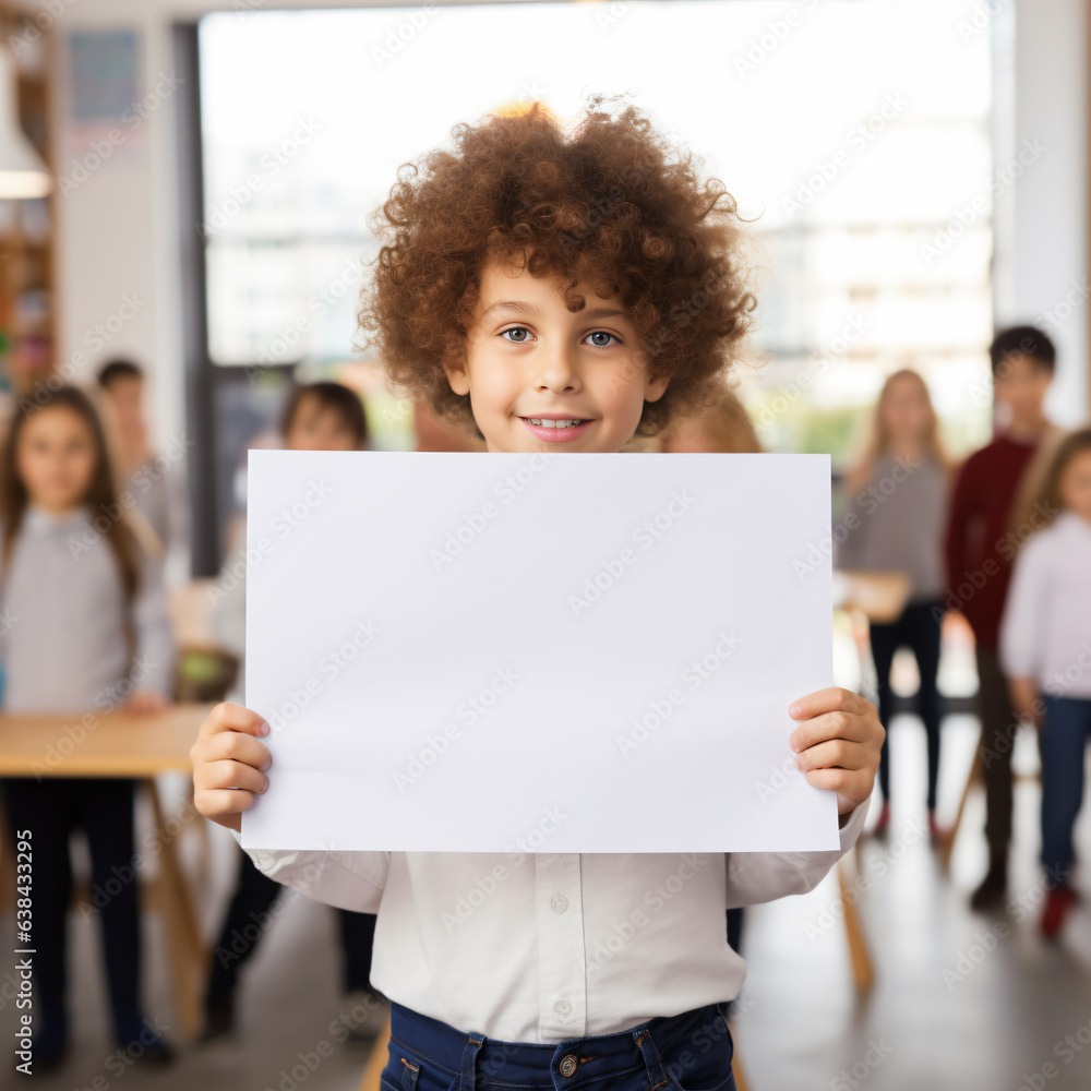 little school boy with curly hair holding sheet of paper A boy raises his hands in a classroom with other children in the background little school boy with curly hair holding sheet of paper A boy raises his hands in a classroom with other children in the background