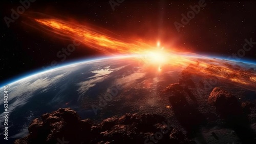 Comet  asteroid  meteorite flying to the planet Earth. Meteor Rain. Kameta tail.