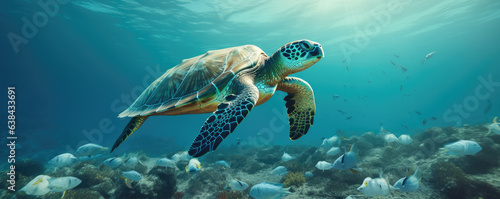 Plastic pollution in ocean with turles. Turtle eat a plastic waste. © Michal
