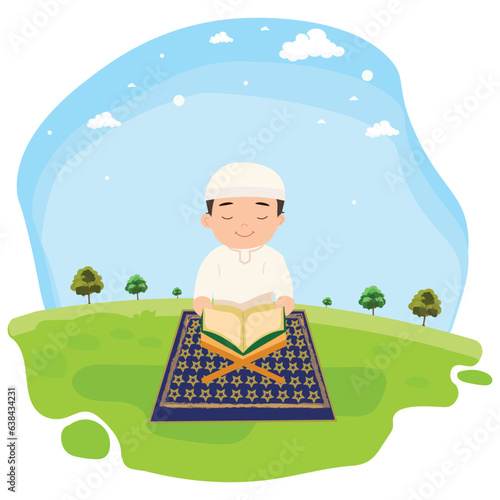 Cute little boy reading Holy book -Quran Shareef- on creative background