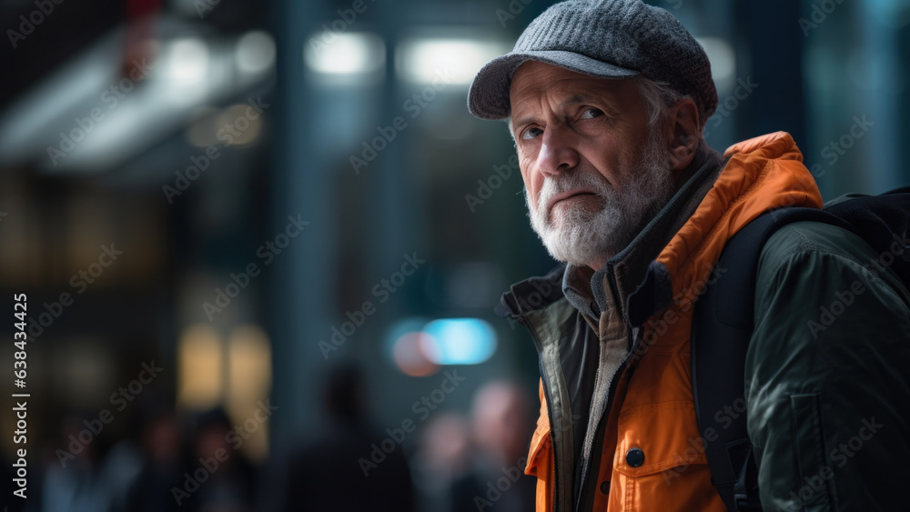 Casual elderly man in city street, bokeh lights in the background. Casual elderly man in city street, bokeh lights in the background.