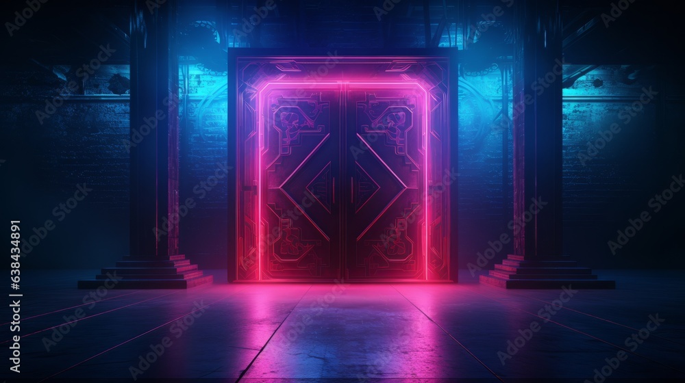 Door in a dimly lit mysterious room with vibrant pink neon lights