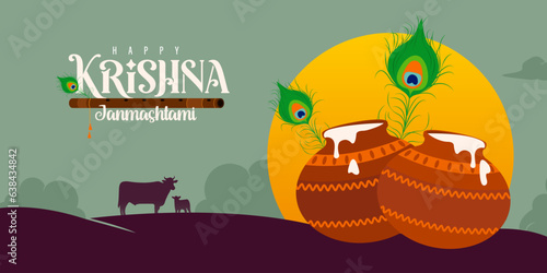 Shree Krishna Janmashtami lettering with Dahi handi, peacock feather, and flute vector illustration with the Indian Festival background.
