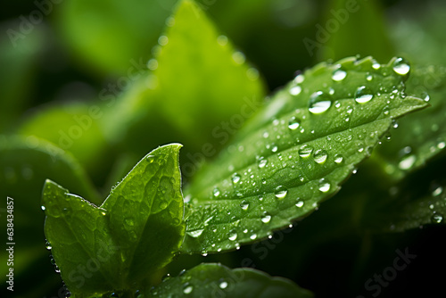 Stevia plant. Close-up of stevia plant leaves with dewdrops in the morning on a stevia field. Fresh stevia leaves with waterdrops. Natural sweetener, sugar substitute, alternative sugar. No sugar