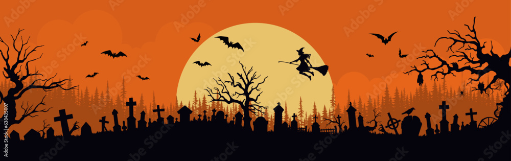 Halloween background with castle, bats and cemetery. Vector illustration.