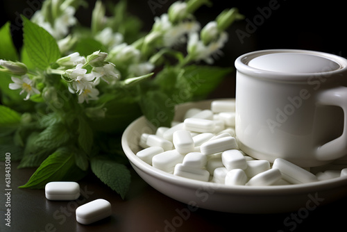 Stevia sweetener in pills to replace sugar. Stevia sugar tablets on a plate on dark background with stevia plant in blossom. No sugar concept. Natural sweetener, sugar substitute, alternative sugar photo