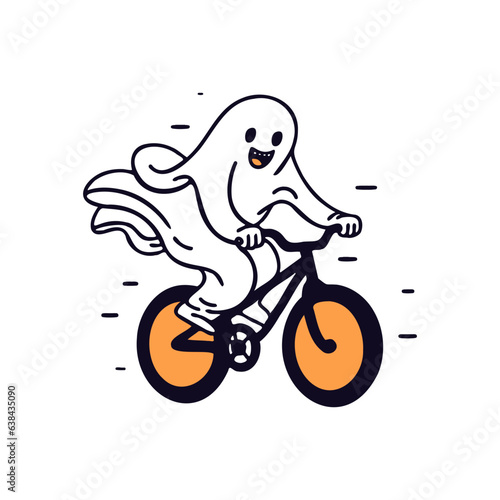 Ghost riding a bicycle. Vector illustration in doodle style.