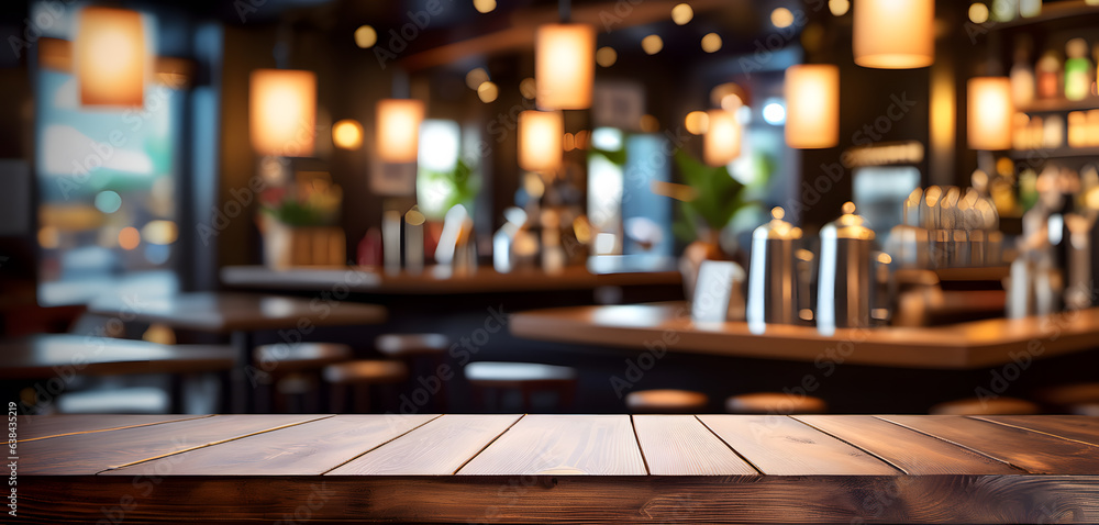 Top of wooden table on blur background with lights of bar cafe coffee shop or restaurant. Using for mock up template for display of your design. generative AI