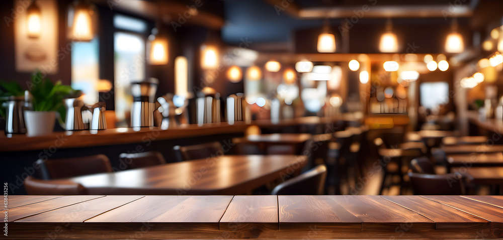 Top of wooden table on blur background with lights of bar cafe coffee shop or restaurant. Using for mock up template for display of your design. generative AI Top of wooden table on blur background with lights of bar cafe coffee shop or restaurant. Using for mock up template for display of your design. generative AI