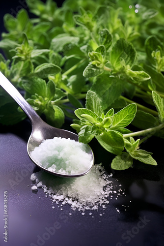 Stevia sugar and stevia plant on dark background with reflection. Spoon filled with stevia powder with fresh stevia leaves, copy space. Natural sweetener, sugar substitute, alternative sugar. No sugar