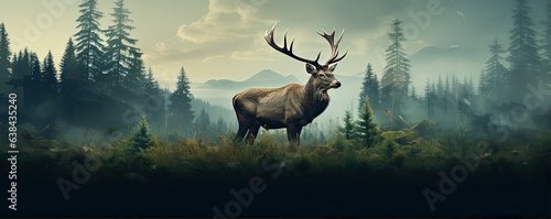 Portrait of red deer in wild nature design for t-shirt printing.