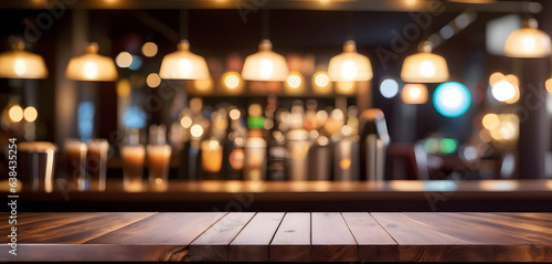 Top of wooden table on blur background with lights of bar cafe coffee shop or restaurant. Using for mock up template for display of your design. generative AI