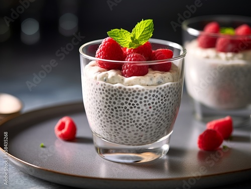 Food photography of chia seed pudding recipe with berries, blurred background