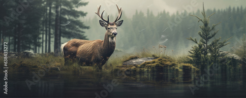 Portrait of red deer in wild nature design for t-shirt printing. © Michal