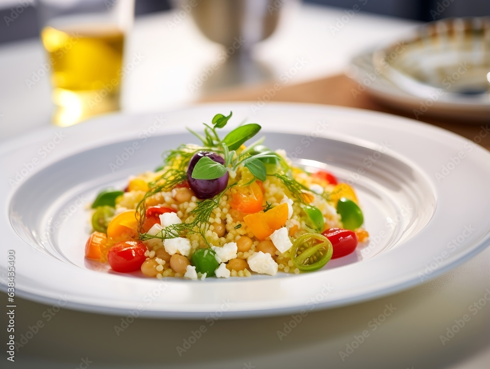 Food photography of Greek couscous salad, blurred background