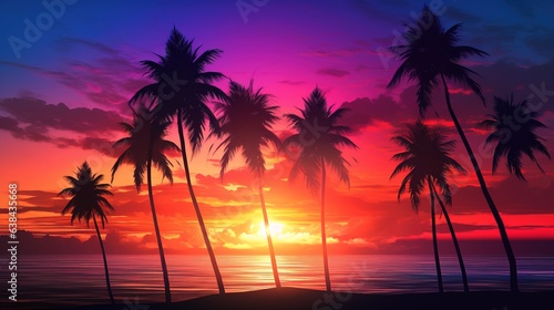 Neon sunset, evening landscape with palm trees, coast by the sea. © MiaStendal