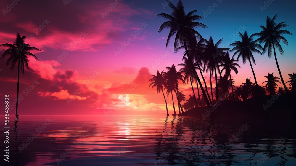 Neon sunset, evening landscape with palm trees, coast by the sea.
