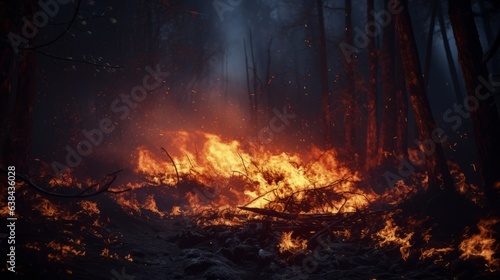 A forest fire spreading rapidly through a dense woodland