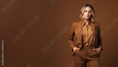 A young blond woman in brown clothing stands against a solid brown background. Studio. Isolated brown background. Generative AI.