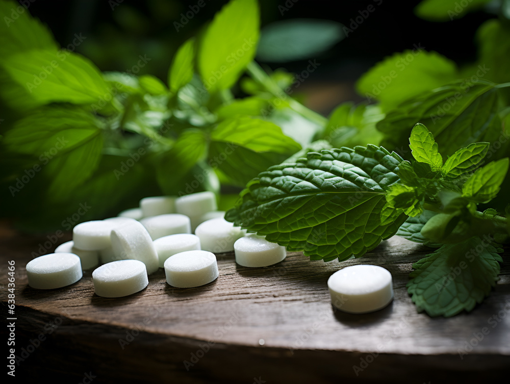Stevia sweetener in tablets to replace sugar. Stevia sugar pills on dark wooden background with stevia plant. No sugar concept. Natural sweetener, sugar substitute, alternative sugar Stevia sweetener in tablets to replace sugar. Stevia sugar pills on dark wooden background with stevia plant. No sugar concept. Natural sweetener, sugar substitute, alternative sugar
