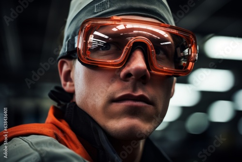 Focused worker man portret technological industrial complex factory production line workers face safety measures eyewear manufacturing mechanical scientific close-up employee enthusiasm concentration © Yuliia