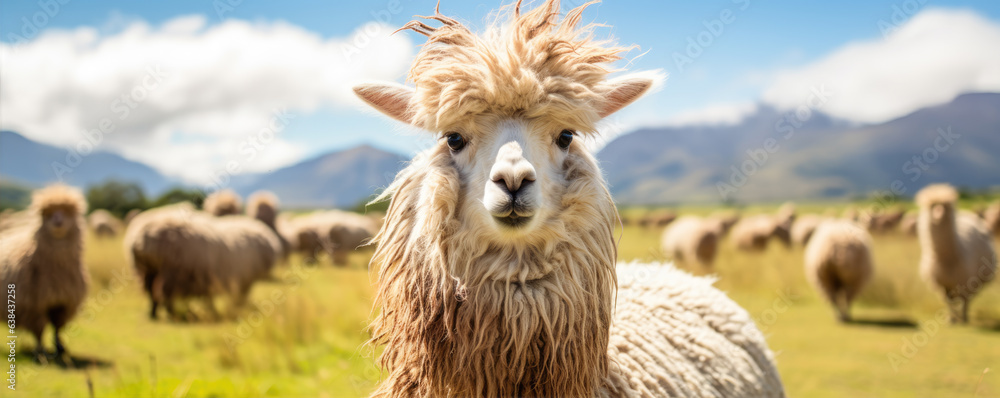 Fototapeta premium Alpaca portrait with brown hairs.