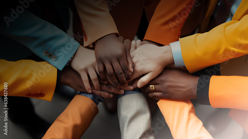 A close up of a mixed ethnic group with different skin color and suits in a circle with hands on top of one another: Bridging cultures, symbolizing united hands in business
