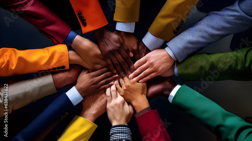 A mixed ethnic group with different skin color and suits in a circle with hands on top of one another: View from above. Teamwork, unity, and friendship concept.