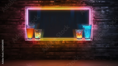 A neon-framed display with shot glasses