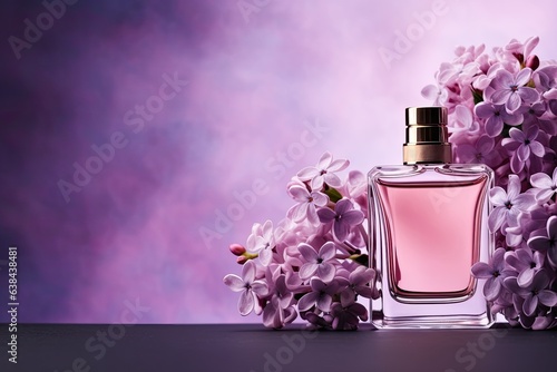 bottle of perfume with beautiful lilac flowers as background - copyspace advertisement template (Generative AI)