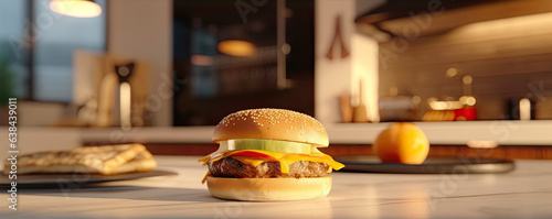 Fresh grilled cheeseburger in modern kitchen