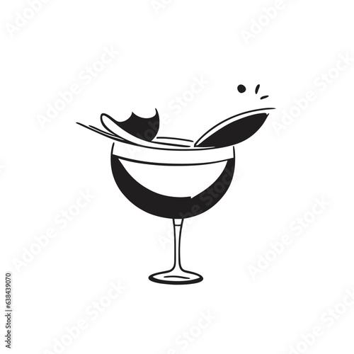 Alcoholic cocktail. Summer drinks sign. Goblet symbol. Vector illustration. Flat design. Monochrome drawing.