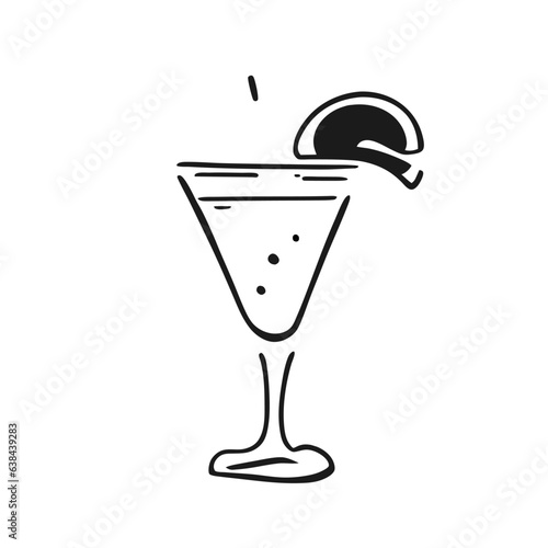 Cocktel vector black and white illustration. Cocktail glass, doodle style.