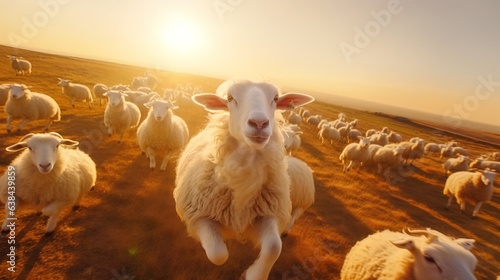 A herd of sheep walking in the mountains.
