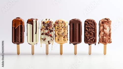 different chocolate covered ice cream on sticks on white background (Generative AI)